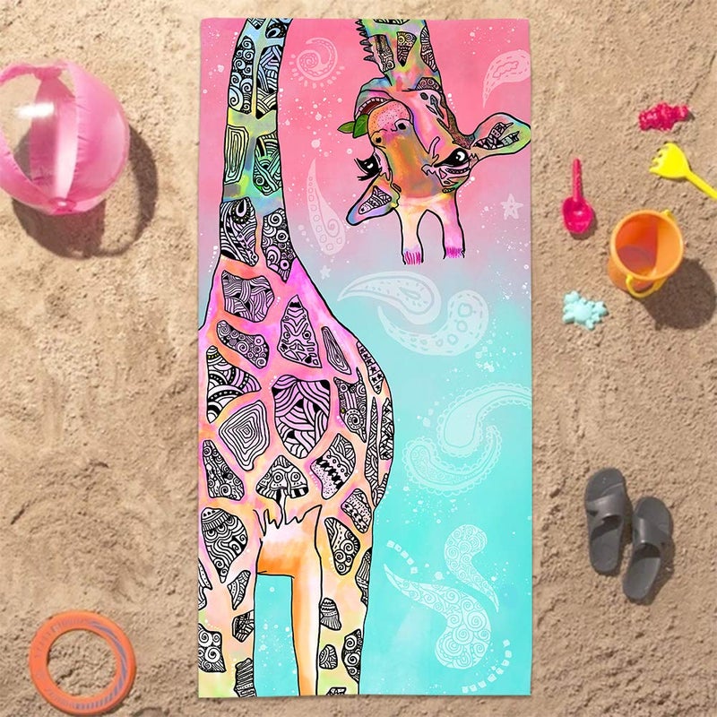Bonsai Tree Giraffe Beach Towel, Cute Funny Teal Pink Mandala Giraffe Microfiber Bath Towel Gifts for Kids Women, Colorful Abstract Trippy Sand Free Quick Dry Travel Towels for Yoga Sports 30" x 60" - Image 5